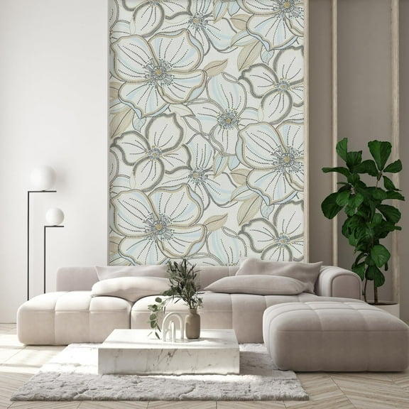 Idea4wall 2pcs Abstract Floral Pattern Artistic Elegant White Flower Wall Murals, Removable Self-Adhesive Stick Wallpaper Large Wall Stickers for Home Decorative, 48"x108"