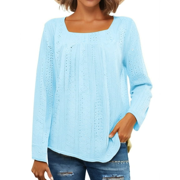 Yigetop Long Sleeve Tops Women's Button Down Blouse with Eyelet Embroidery Long Sleeve V Neck T Shirt Trendy Spring Casual Pullover Loose Tops Eyelet Tops for Women Blue L