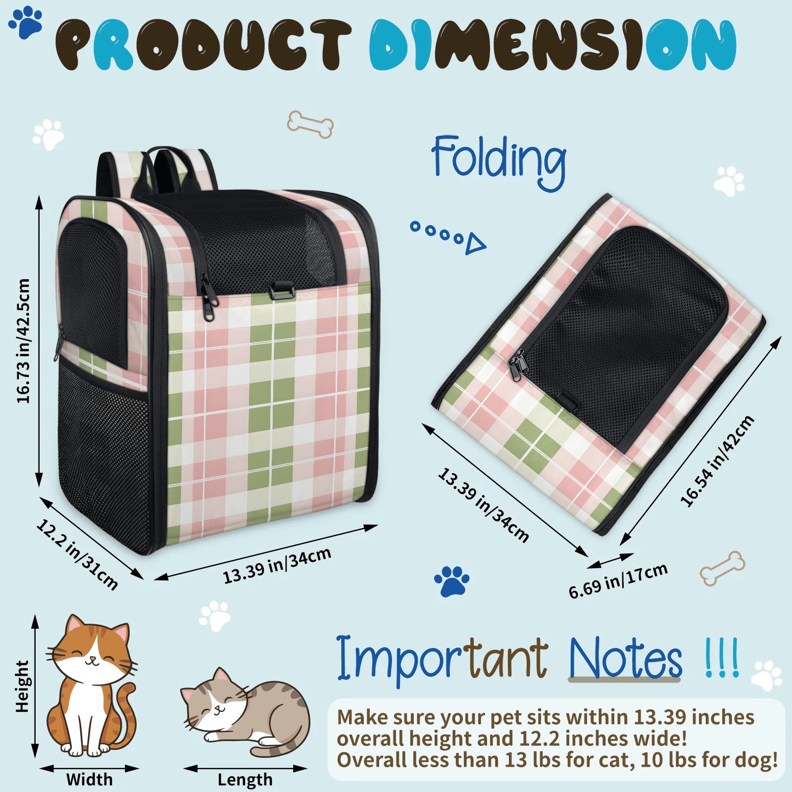 Cat Backpack Carrier, Breathable Pet Carrier Backpack for Small Animals,Pink Green Plaid, for Outdoors,Travel, Hiking
