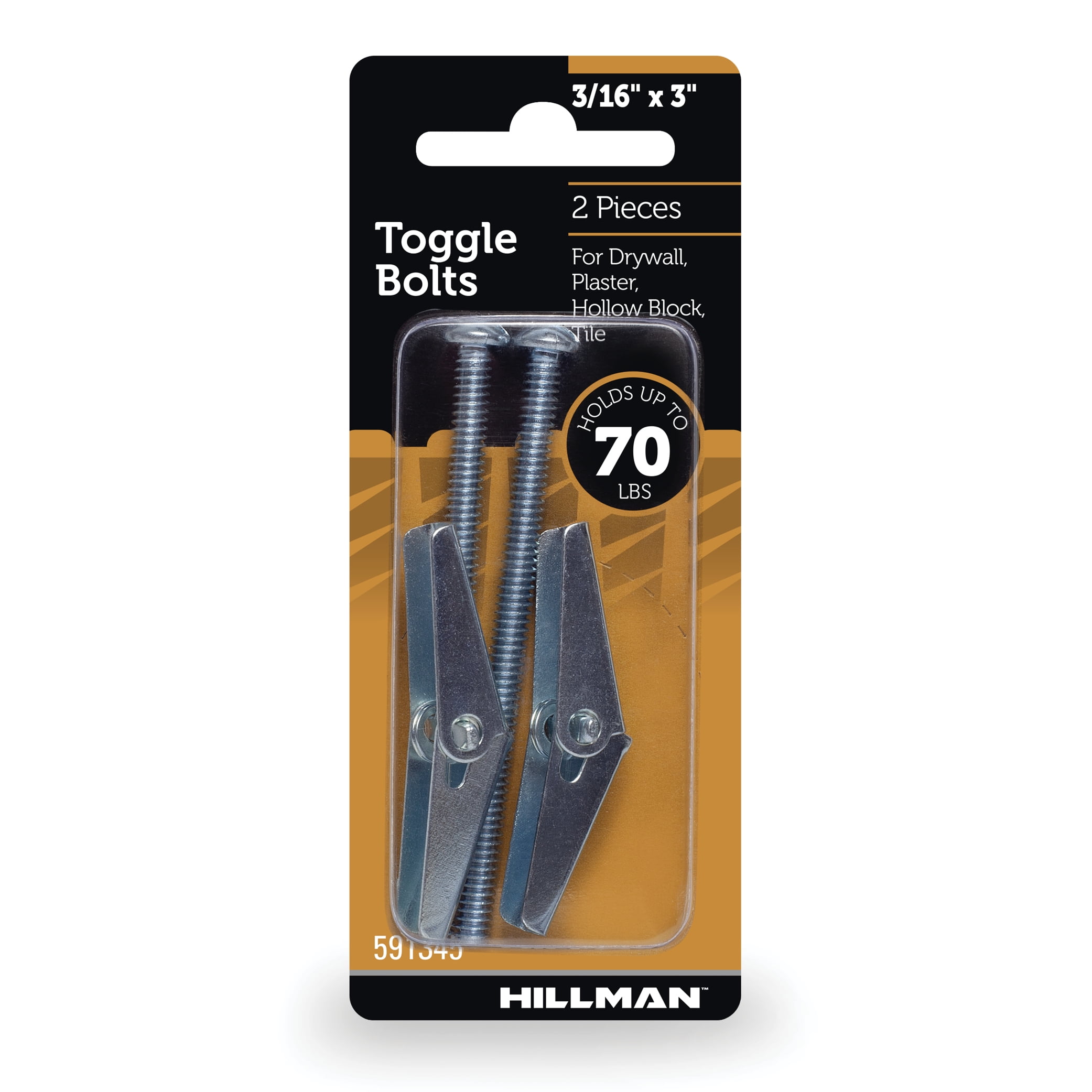 Hillman Toggle Bolts, 3/16" x 3", Zinc Plated, Steel, 70 lbs, 2 Sets