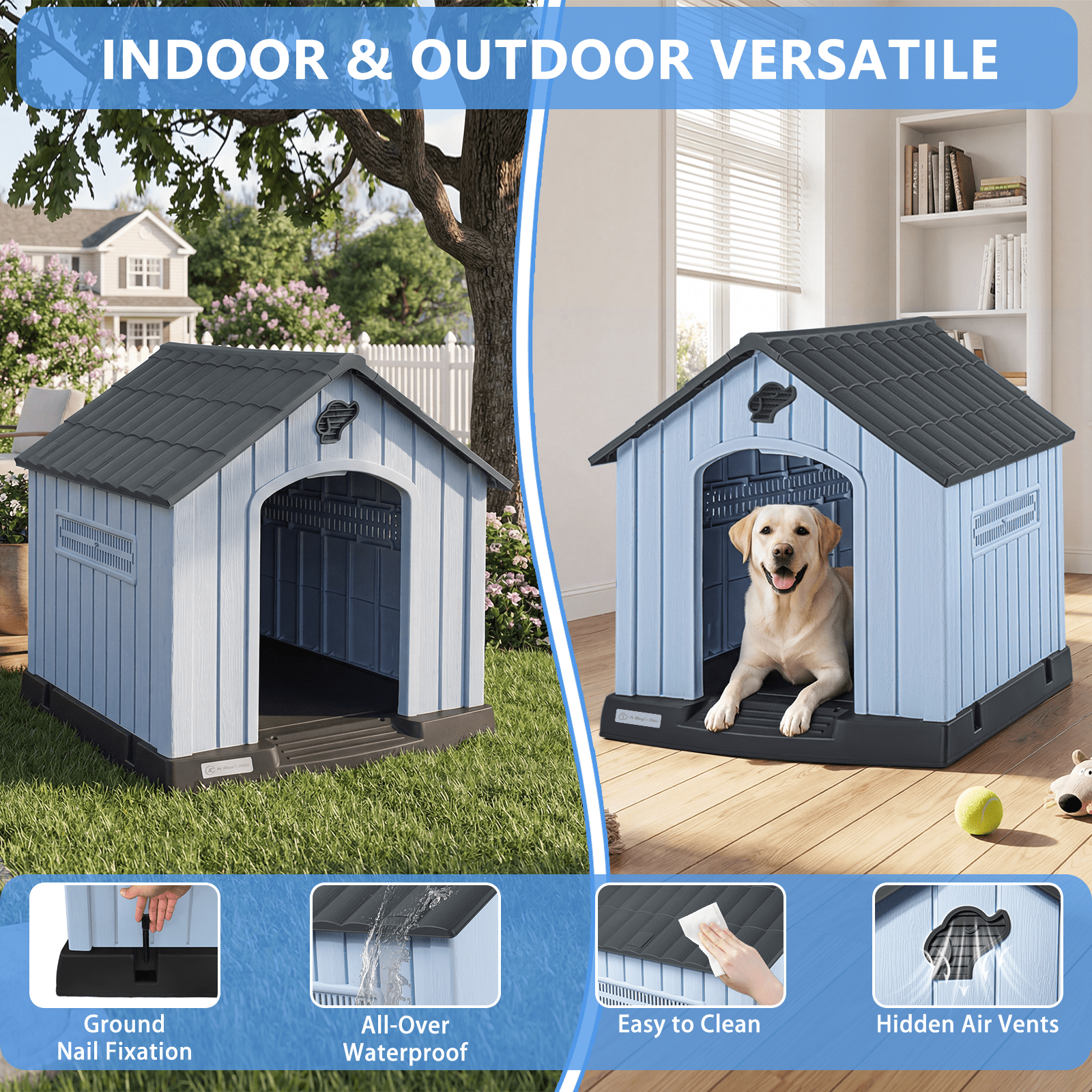 Waleaf Durable Waterproof Plastic Dog House for Small to Large Sized Dogs, Indoor Outdoor Doghouse with Elevated Floor
