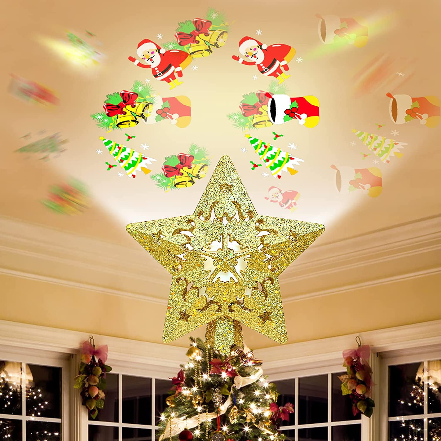 Christmas Star Tree Topper LED Projector with Rotating Colorful