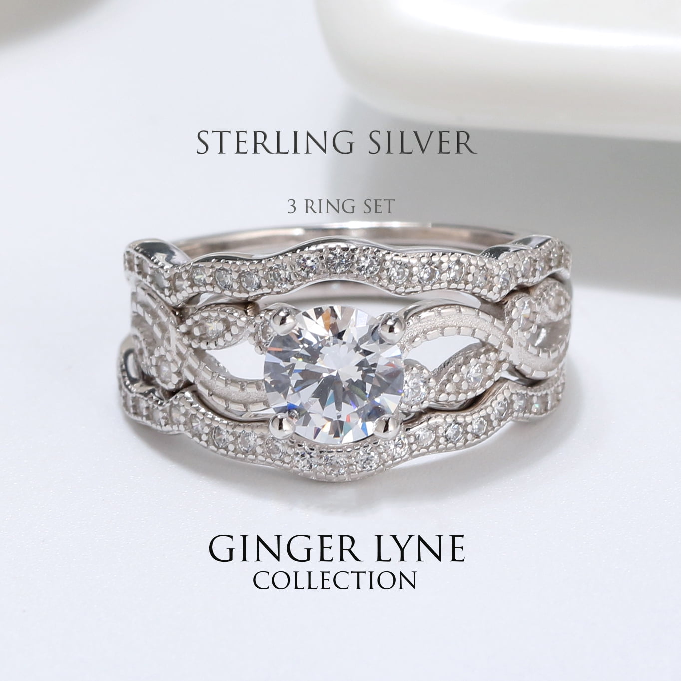 Wedding Ring Set for Women CZ Engagement 3pc Bridal Band Sterling Silver Ginger Lyne Collection