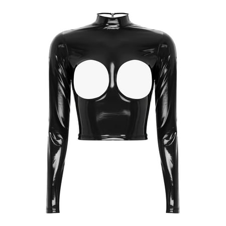 vastwit Women s Cupless Crop Tops Shiny Leather Zipper Back Tops Lingerie Slim Fit Latex Tops Black XXL