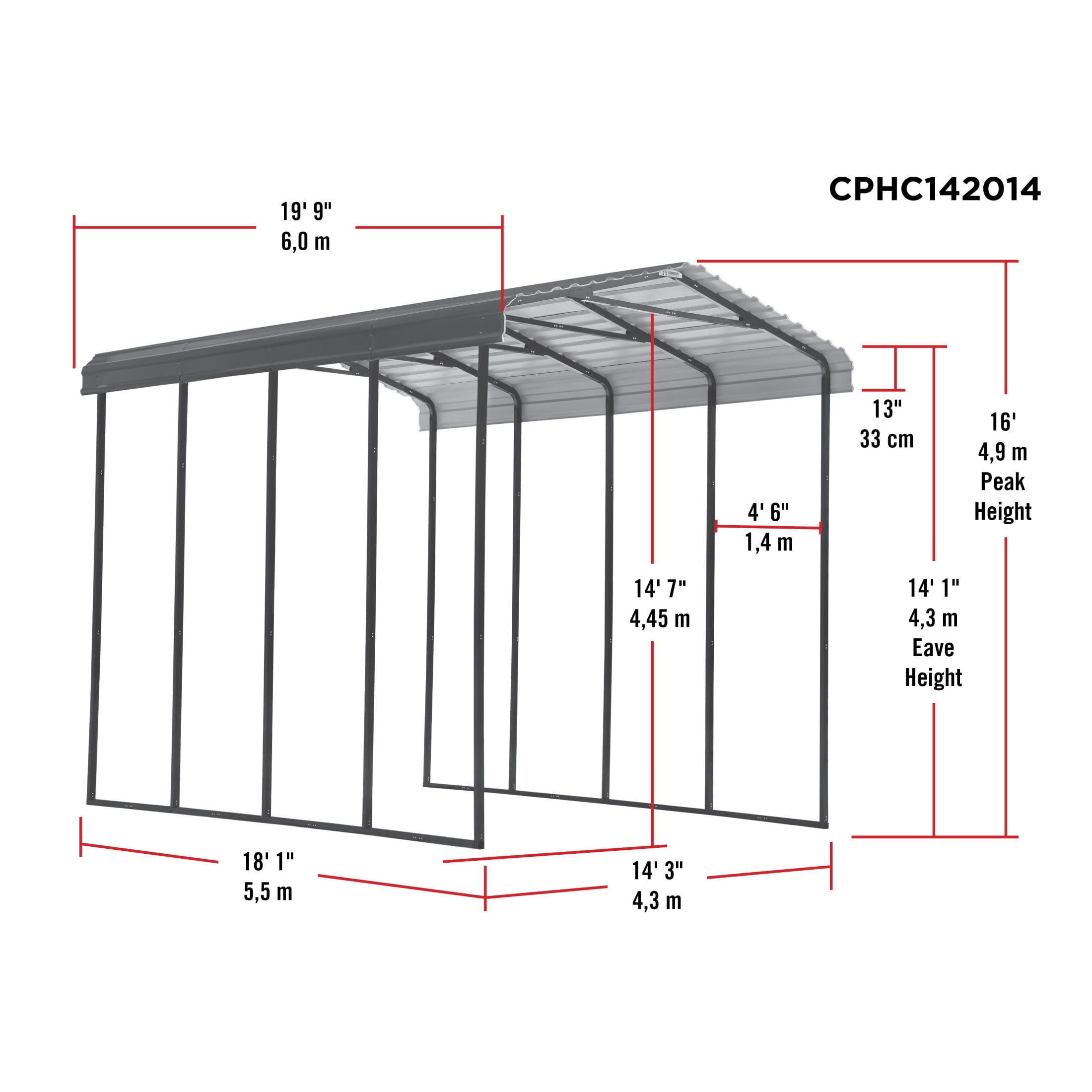 Arrow 14 x 20 x 14 ft Charcoal RV Carport