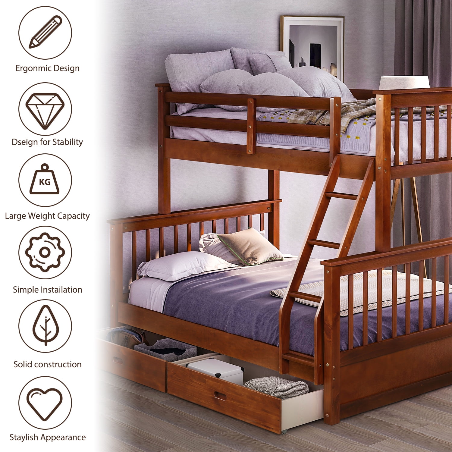 Kepooman Twin-Over-Full Wood Bunk Bed with 2 Storage Drawers & Ladder for Dorm, 79.53"L x 58.27"W x 66.54"H, Walnut Kepooman Twin-Over-Full Wood Bunk Bed with 2 Storage Drawers & Ladder for Dorm, 79.53"L x 58.27"W x 66.54"H, Walnut