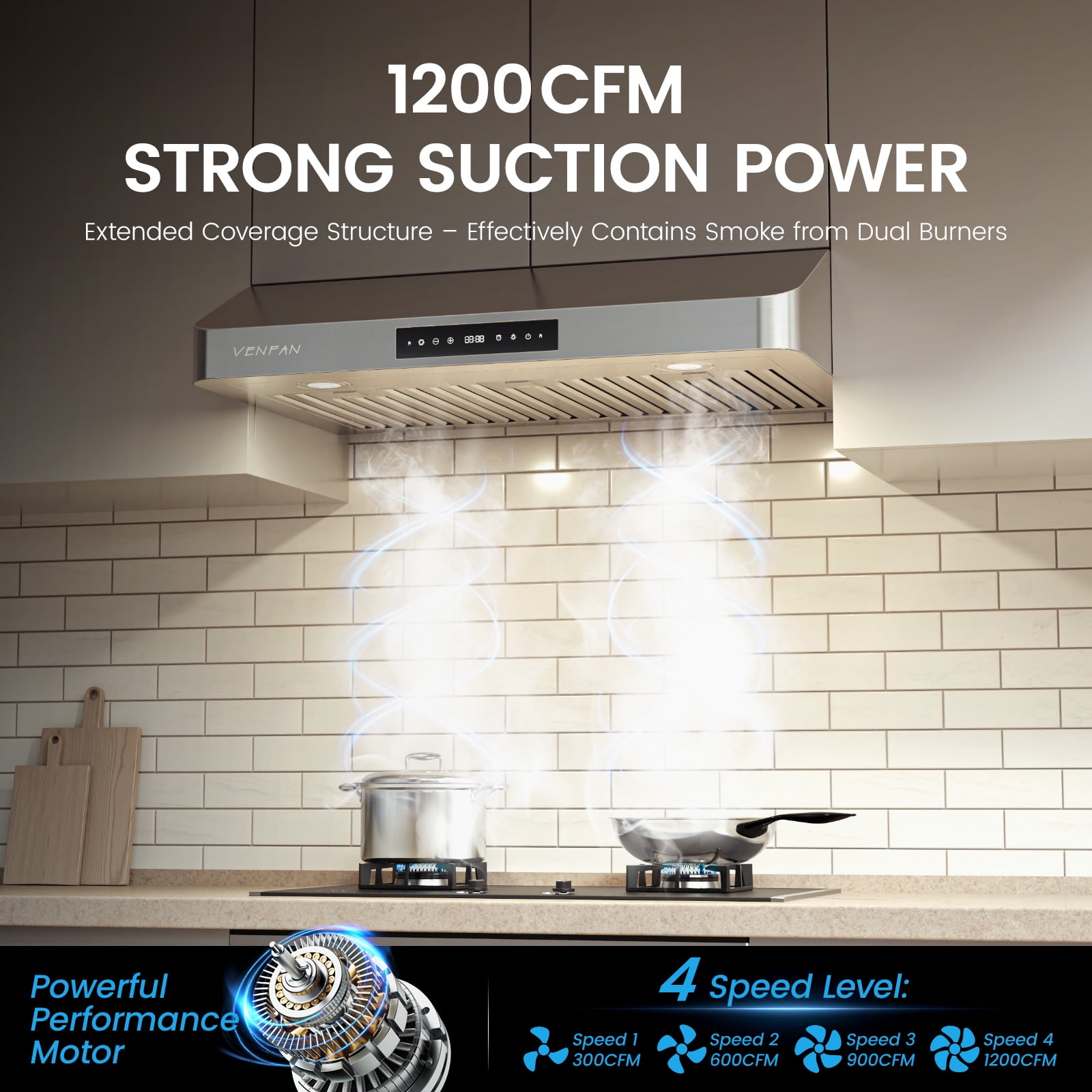 VENFAN 36 Inch Under Cabinet Range Hood, 1200 CFM Ultra Powerful Suction Kitchen Vent Hood with Gesture Sensing & 4-Speed Touch Control, Dishwasher Safe Filters, Auto Delay Off, Stainless Steel