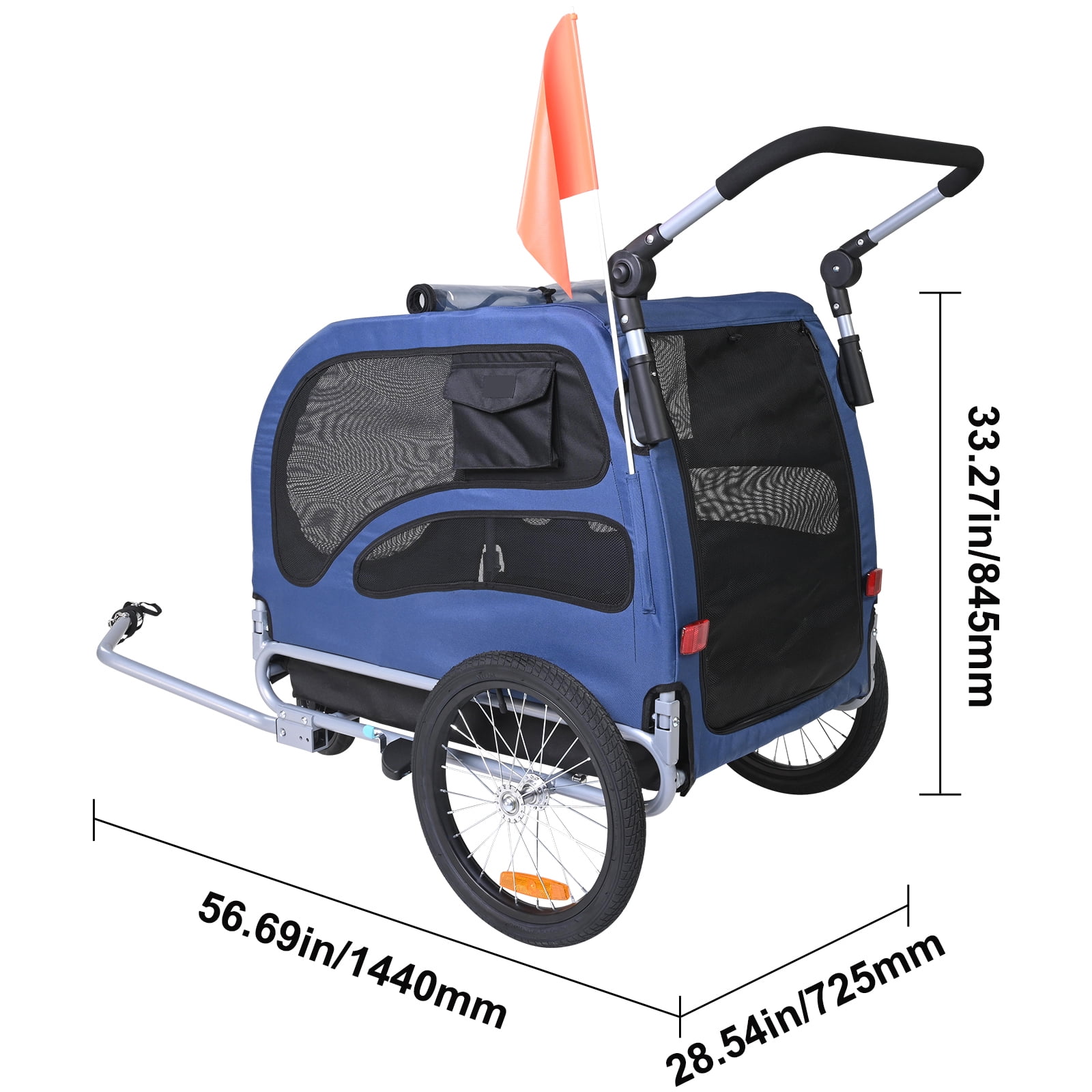 KFFKFF Pet Bike Trailer, Up to 100 lbs Capacity, Dual-Function Dog Stroller and Bike Carrier, Foldable Frame with Snap-On Wheels, Fits All Bikes, Includes Safety Flag and Reflectors, Blue/Black