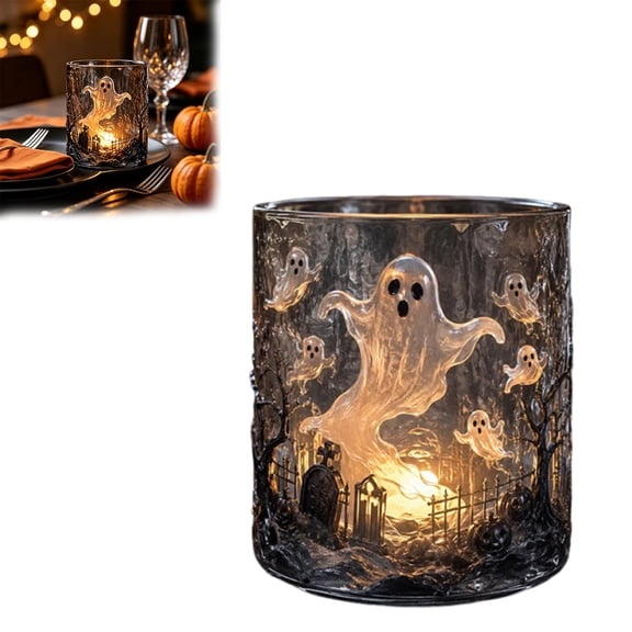 Halloween Ghost Glass Candle Holder Spooky Graveyard Pattern Votive Cup for Holiday Table Decor
