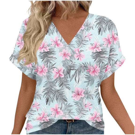 Womens Summer Tops 2026 V Neck Short Sleeve Shirts Trendy Dressy Casual Hawaiia Floral Vacation Outfits Printed