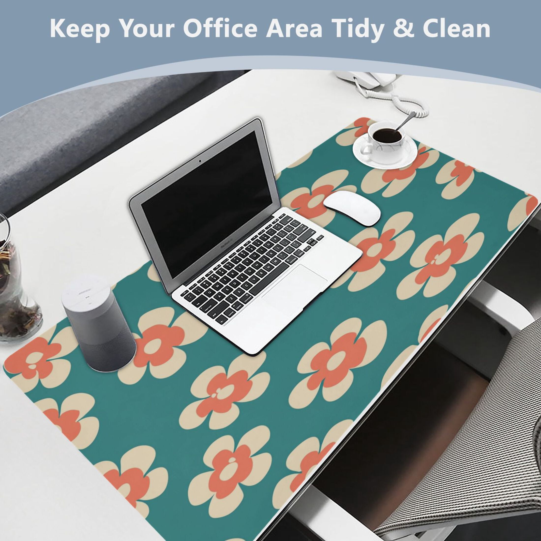 Leather Keyboard and Mouse Desk Mat Office Desk Accessories Protective Office Desk Decor Desk Pad Mat for Gaming, Work from Home, Office Peach Color Flowers 23.6" x 47.2"