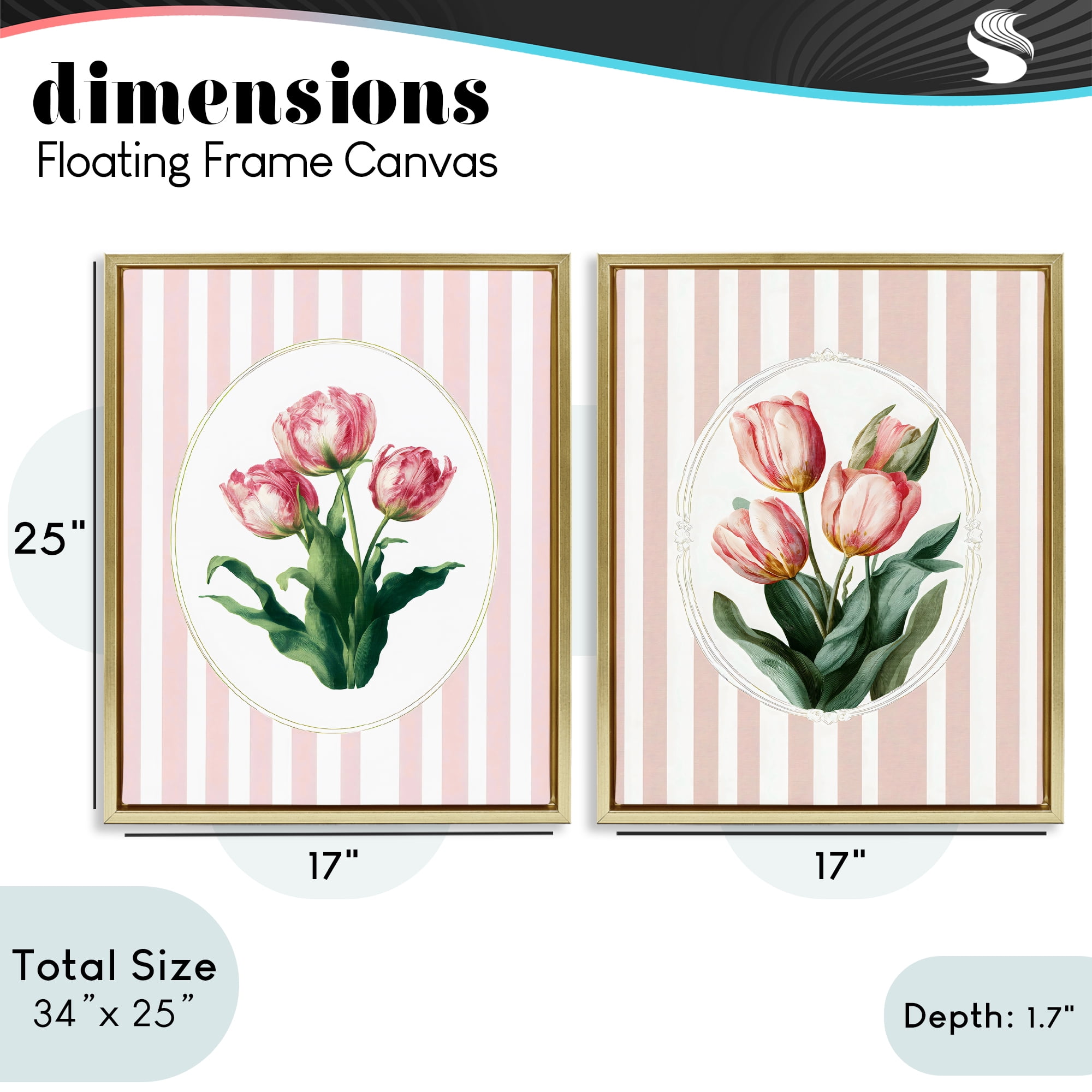 Stupell Industries Blush Tulips on Stripes 2 Piece Gold Framed Floater Canvas Set, design by Ink Drop Loft