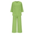 thumbnail image 4 of Hueook 2 Piece Sets For Women Fall Women's Solid Color And Linen Quarter Sleeved Wide Leg Pants Button Decoration Two-Piece Set Suits Green S, 4 of 6