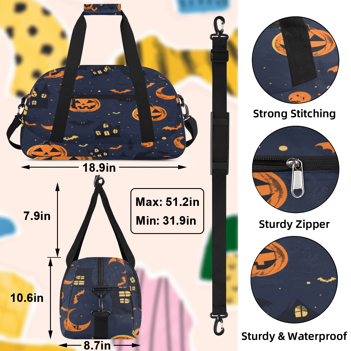 Herdesigns Sports Duffle Bags Travel Duffle Bag Gym Bag Halloween Pumpkin Bat Weekender Travel Bag Waterproof Overnight Bag Carry On Travel Tote Bag Dance Bags