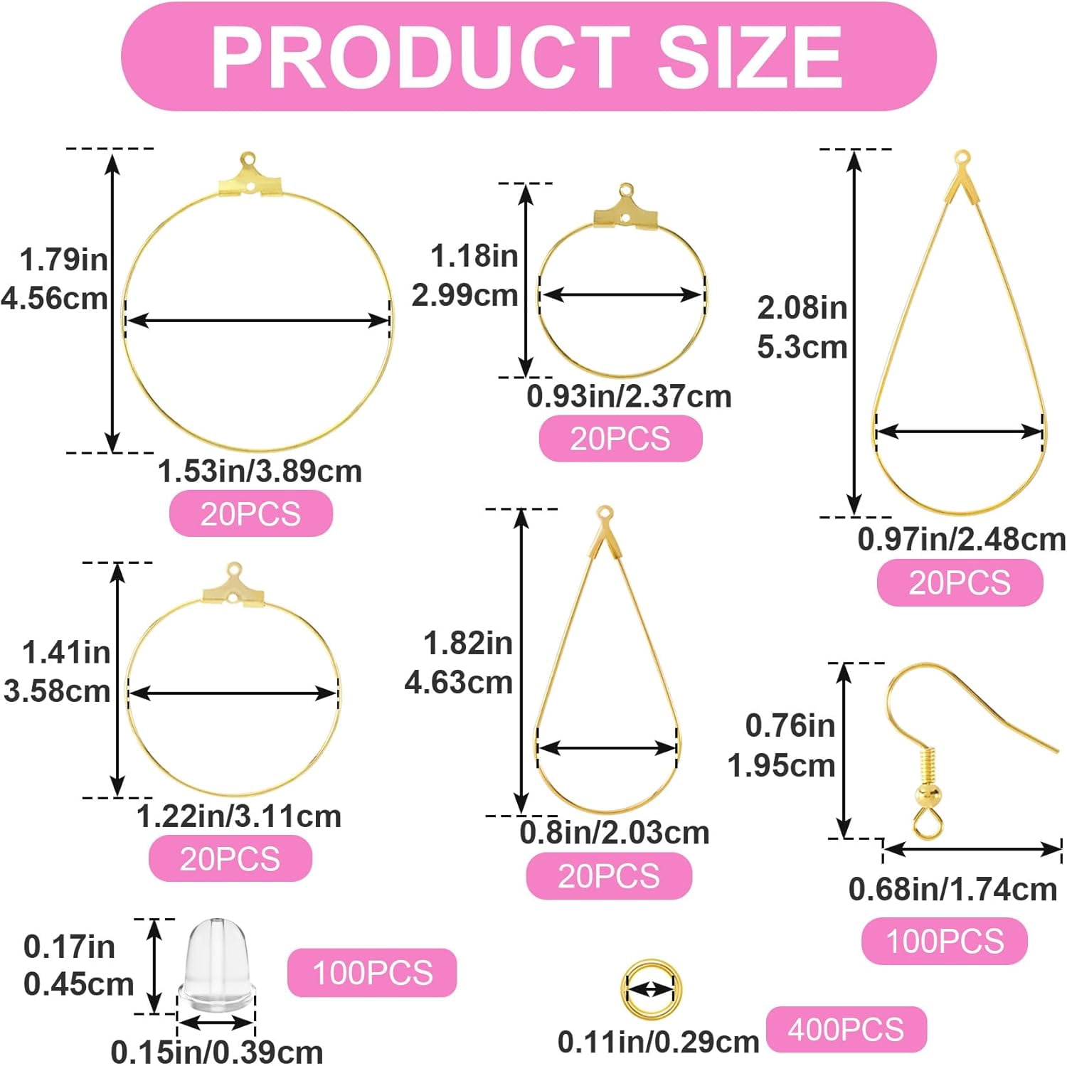 700pcs Hypoallergenic Hoop Earrings Making Kit, Mix Size Earring Beading Hooks for Women, Spring Earring Wire Hooks Pads Accessories for DIY Jewelry Making- Gold