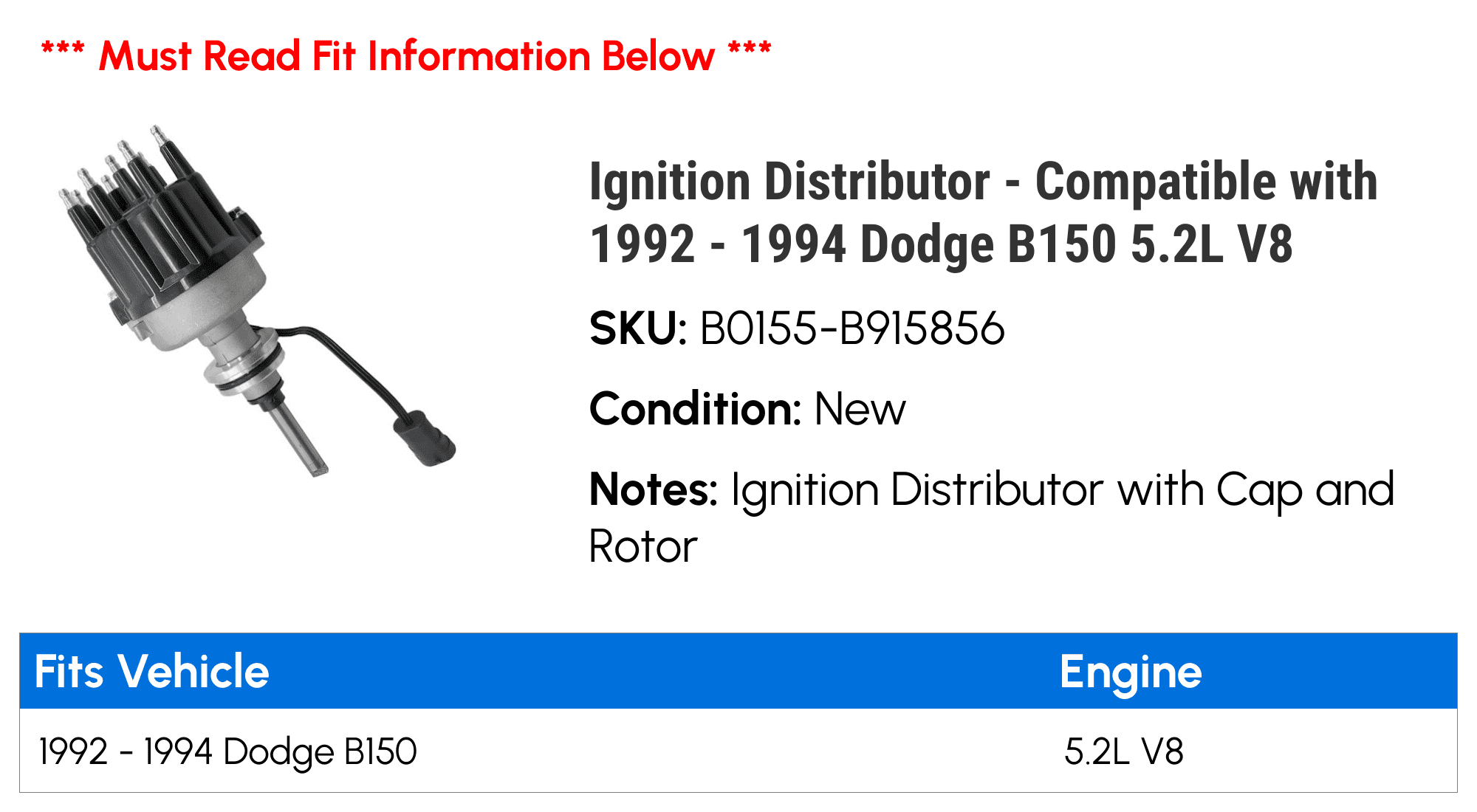 Ignition Distributor - Compatible with 1992 - 1994 Dodge B150 5.2L V8 1993