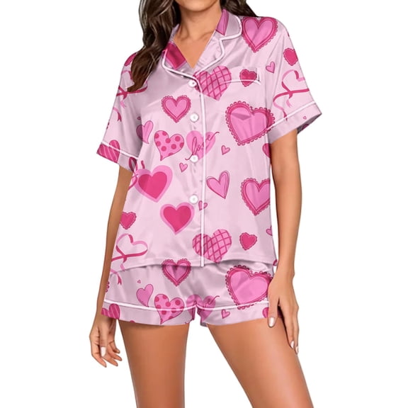 Satin Silk Pajamas for Women Collar Sleepwear Button Down Short Sleeve Shorts Pjs Set Loungewear Pink L
