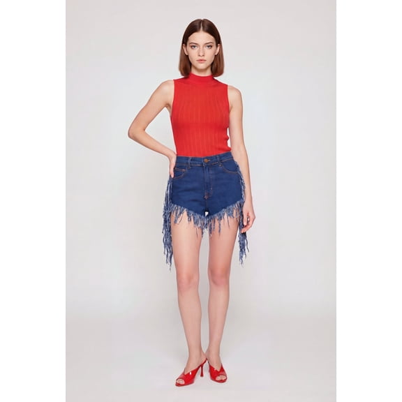 Women's Fringe Hem and Side Denim Shorts