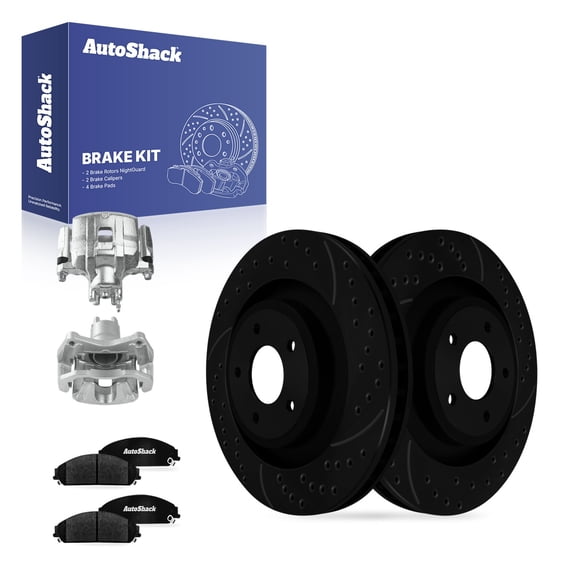 AutoShack Front Vented Drilled & Slotted E-Coated Brake Rotors Black Finish   Ceramic Pads   Calipers 8-PC Brake Kit Replacement for 2013-2014 Chrysler 200 NightGuard 13.39" (340 mm)