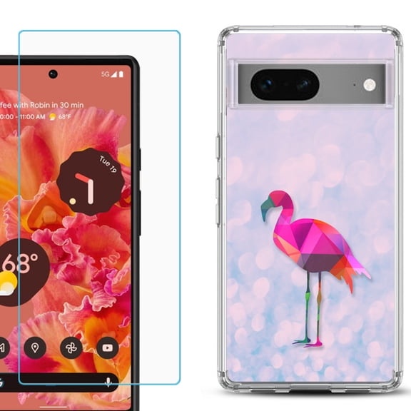 Slim-Fit Gel TPU Phone Case for Google Pixel 7, with Tempered Glass Screen Protector, by OneToughShield ® - Flamingo / Polygon