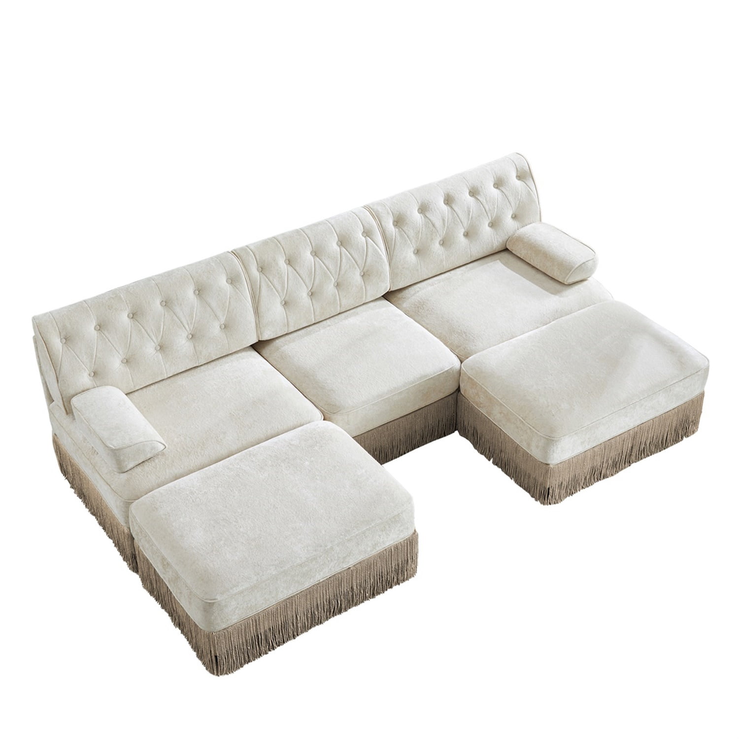 Hommoo 3-Seater Chesterfield Style Velvet Fabric U-Shaped Sectional Sofa with 2 Ottomans, Tufted Button Upholstered Design and Floor-grazing Tassel, Free Combination Sofa Couch Set, for Home, Beige