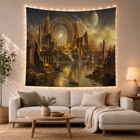 Ancient Egyptian Cityscape with Sphinx and Glowing Gate, Majestic Fantasy for Fantasy Art Lovers, Mythical World Art, Housewarming Gift, Tapestry Wall Hanging for Living Room and Bedroom