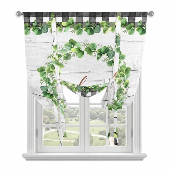 Spring Eucalyptus Leaves Tie Up Curtains for Windows, Adjustable Balloon Window Shades, Farmhouse Botanical Gray Wood Kitchen Window Treatments Adjustable Roll Up Curtain for Basement/Nursery 52"x45"