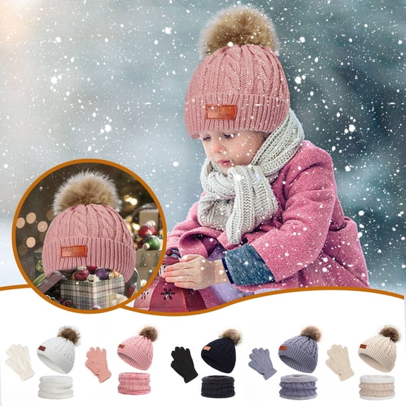 QLEICOM Toddler Winter Hat,Hat and Gloves for GirlsKids 3 Piece Winter Set Includes Pom Pom Beanie Matching Neck Warmer and Warm Gloves for Complete Cold Weather Protection Coordinated Set Fun White