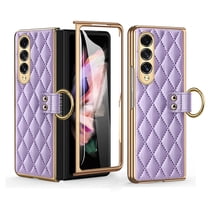 Dteck Case for Samsung Galaxy Z Fold3 5G,Luxury Leather Built-in Screen Protector Hybrid PC Shockproof Ring Holder Cover For Galaxy Z Fold3,Purple