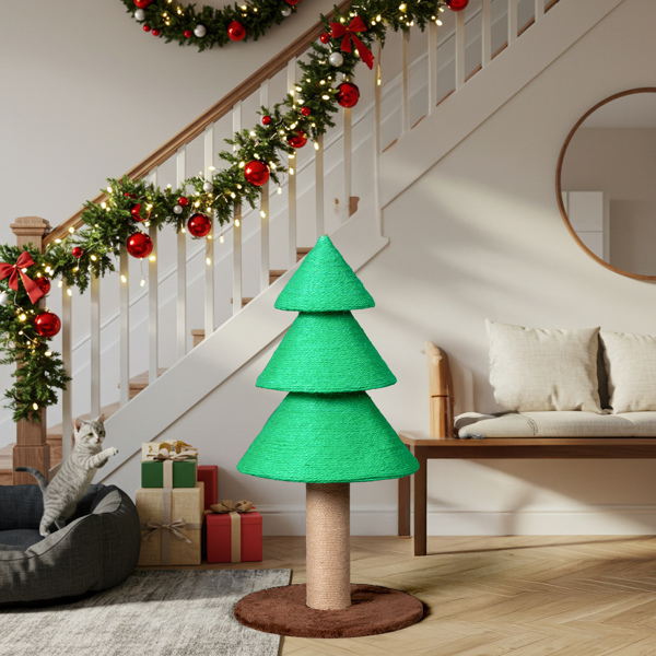 Christmas Tree Cat Scratcher Tower (31.5in), Green Festive Design, Sisal Rope Scratching Post, Fleece Lounge Base for Indoor Cats