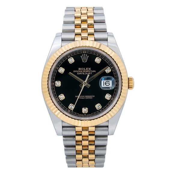 Pre-Owned Rolex Datejust 41MM 126333 Black Diamond Dial Fluted Bezel Two Tone Yellow Gold Jubilee Bracelet
