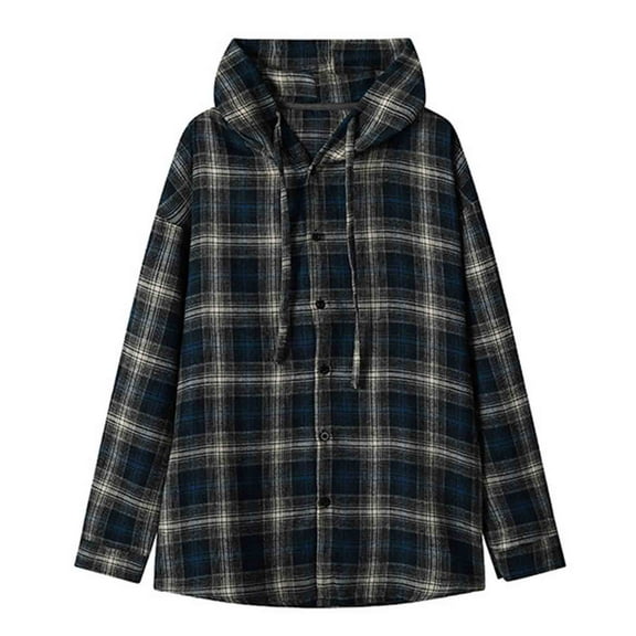 Xzbqbs Mens Flannel Plaid Shirt Long Sleeve Casual Lightweight Shirt Classic Button Down Hooded Shirts Vintage Drawstring Shirts