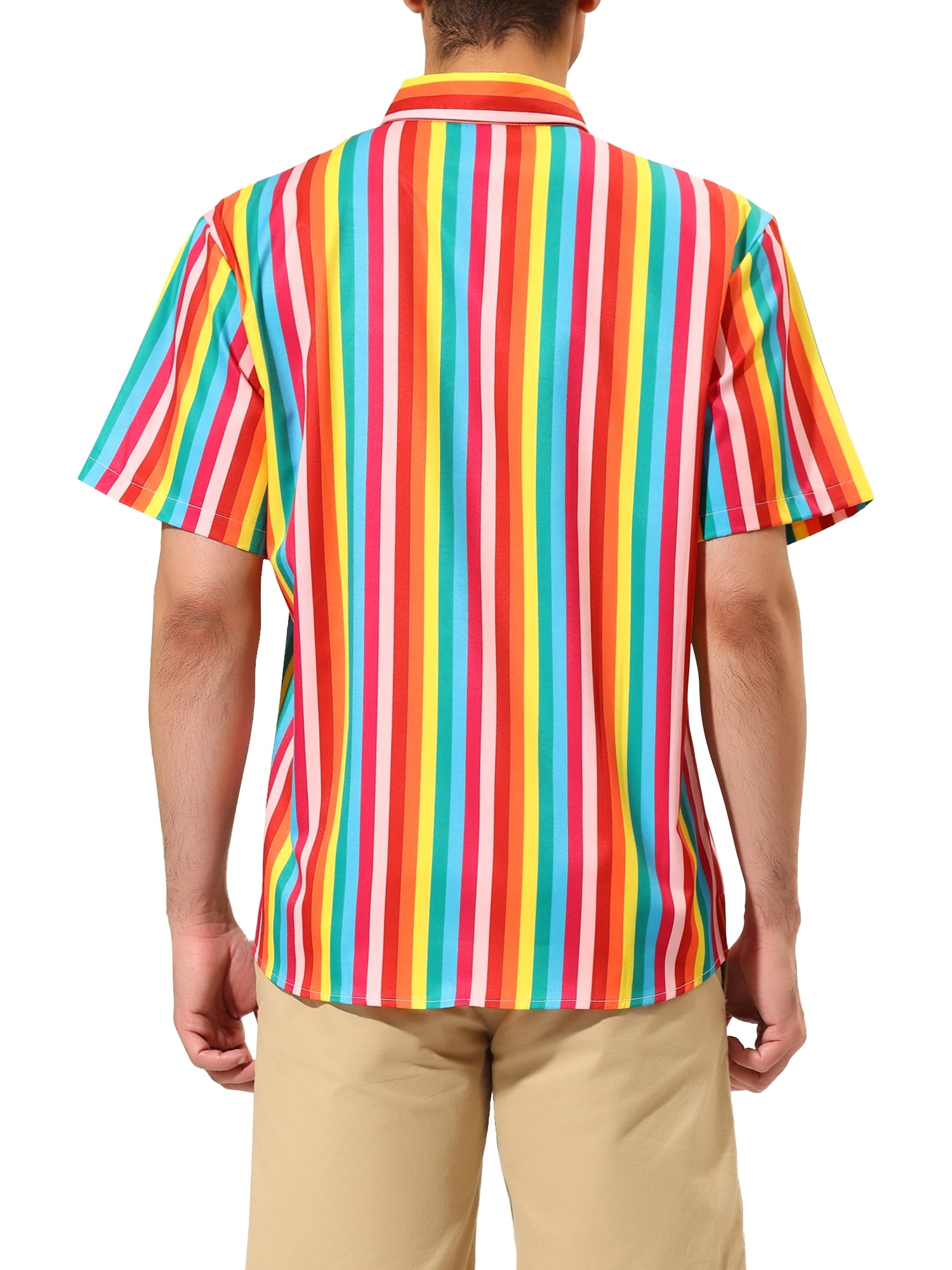 Unique Bargains Men's Summer Vertical Stripe Print Short Sleeve Button Down Shirts XL Rainbow