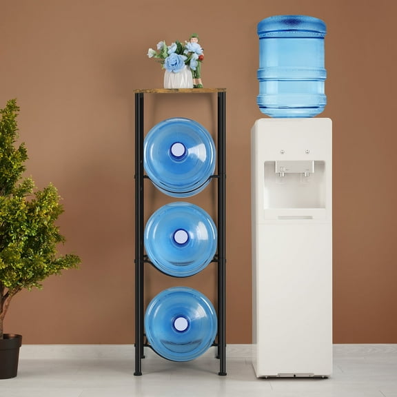 3-Tier Heavy-Duty 5-Gallon Water Bottle Rack with Top Shelf for Home, Office, and Kitchen， Brown