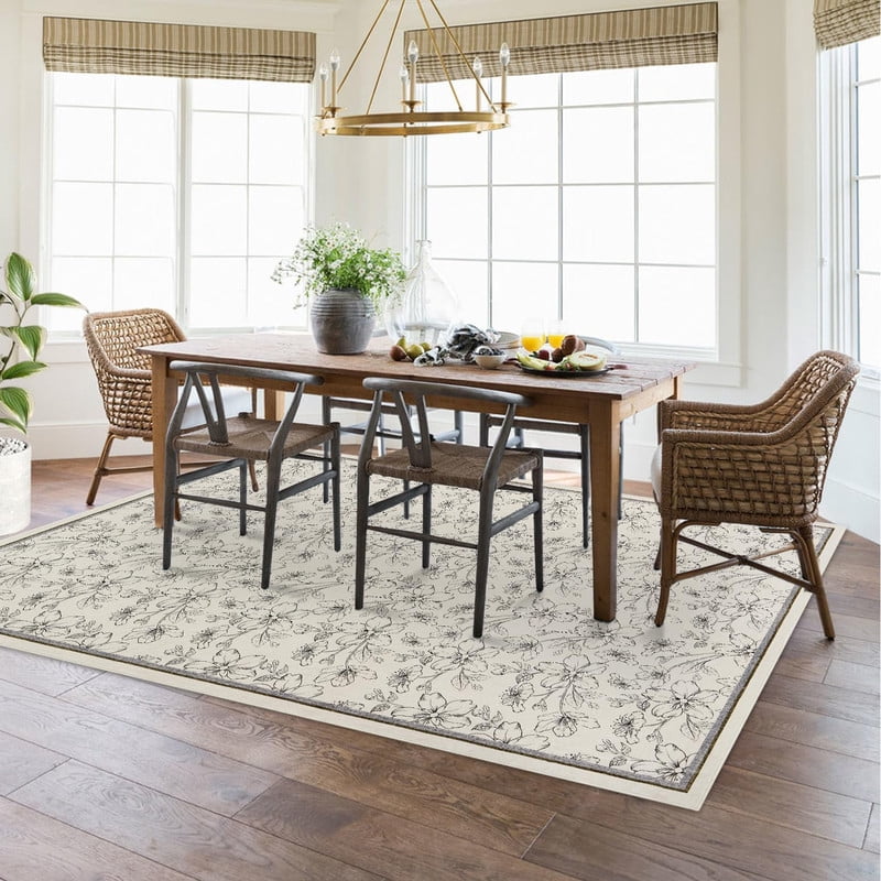 9'x12' Area Rugs Boho Floral Bedroom Washable Low Pile Non Slip Indoor Carpet for Nursery Playroom Living Room Beige