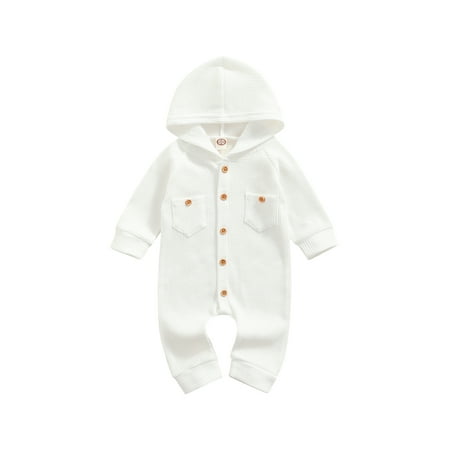 

Sunisery Newborn Baby Boy Girl Waffle Hooded Jumpsuit Bodysuit Infant Long Sleeve Romper with Pockets White 6-12 Months