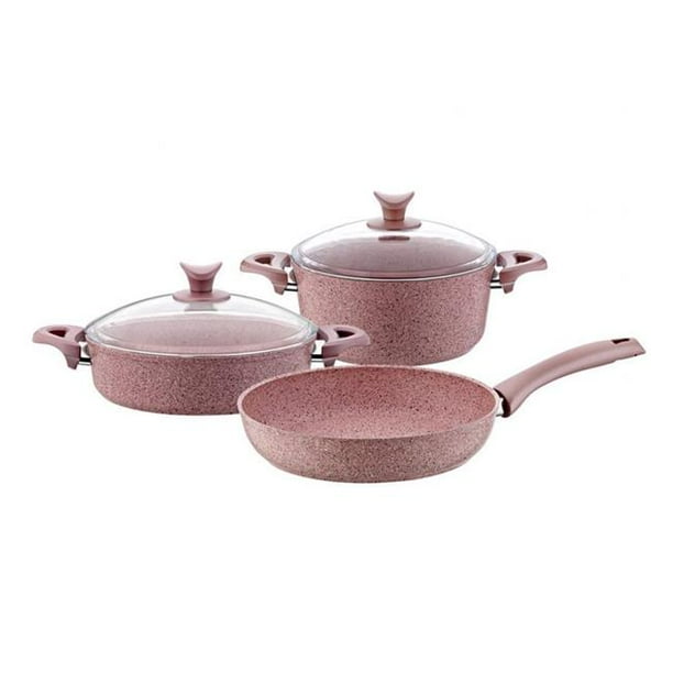 Discount World HDCS3125 Granite Plus Wood Handle Cookware Set, Pink