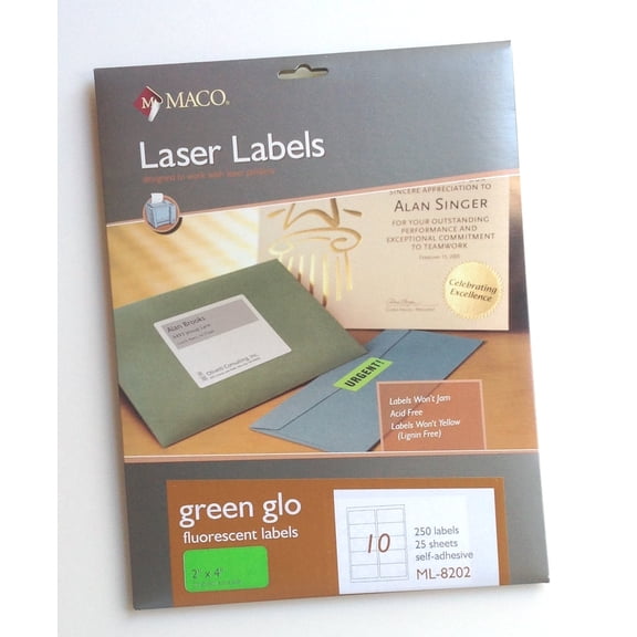 MACO Laser Green Glo Fluorescent Labels, 2 x 4 Inches, 10 Per Sheet, 250 Per Pack (ML-8202) - Box of 25 Sheets / 250 Labels