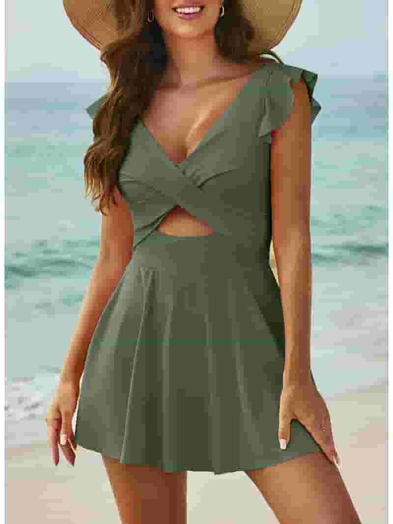 ワンピース ROTATE Women Dresses 1125771170 Green SHEWIN Swimsuits for Women One Piece Ruffle Cutout Swimdress
