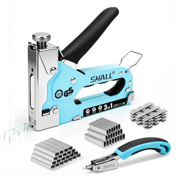SHALL Staple Gun Heavy Duty, 3-in-1 Upholstery Staple Gun Kit with 3000 Staples, Staple Remover, Manual Brad Nailer with Specific Staples Outlet Position Indicator Blue