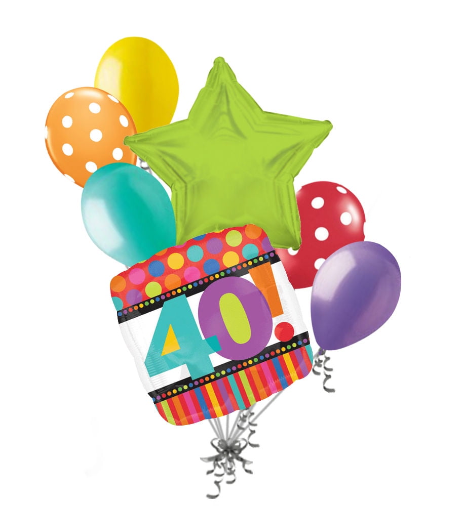7 pc 40th Happy Birthday Balloon Bouquet Party Decoration Colorful Stripes 40