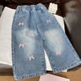thumbnail image 6 of WPPGONE Toddler Girls Wide Leg Jeans Little Kids Loose Denim Pants Fashion Bow Embroidery Elastic Waist Relaxed Fit Breathable Cotton Everyday Casual Trousers, 6 of 9
