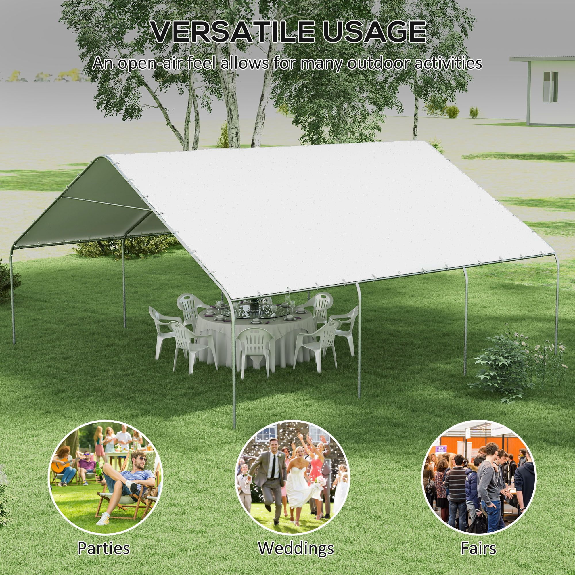 Outsunny 19' x 19.5' Carport Canopy, Heavy Duty Galvanized Steel Portable Garage for Car, Truck, Boat, White PE Shelter for Outdoor Events, Weddings, and Patio Protection