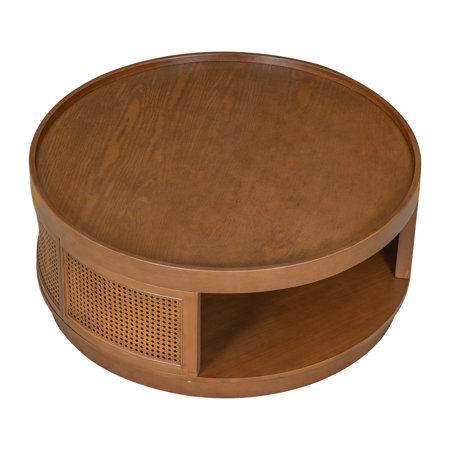 36.8'' Wooden Mid-Century Modern Coffee Table, Round Cane Coffee Table with PE Rattan Side for Living Room,Brown