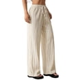 thumbnail image 2 of Ayolanni Summer Pants for Women Boho Slacks Striped Wide Leg Pants Drawstring High Waist Flowy Beige Petite Palazzo Pants with Pockets L, 2 of 8