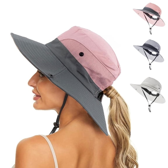 KANCOKIT Women's Sun Hat with Ponytail Hole, Foldable Wide Brim UV Protection Outdoor Bucket Hat, Pink