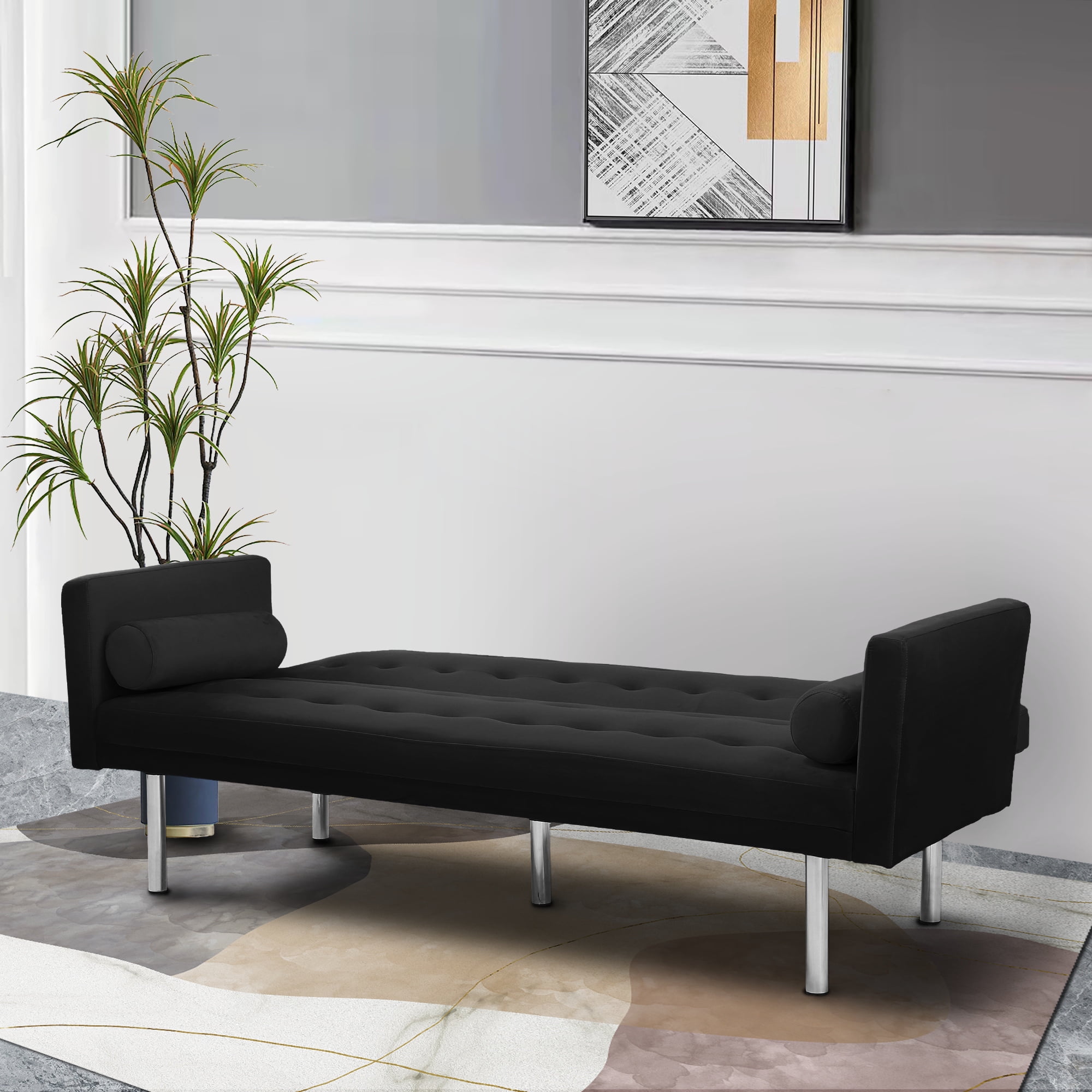 DEALTOPS Velvet Futon Sofa Bed Upholstered Convertible Sofa Couch, Recliner Modern Tufted Back Couch Lounge for&nbsp;Living Room - Black