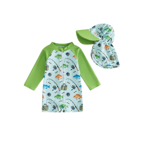 BemeyourBBs Newborn Baby Boys Girls One Piece Swimsuit with Hat Infant Bathing Suit UPF 50 Rash Guard Zipper Swimwear Long Sleeve Fishing Duck Printed Summer Beachwear