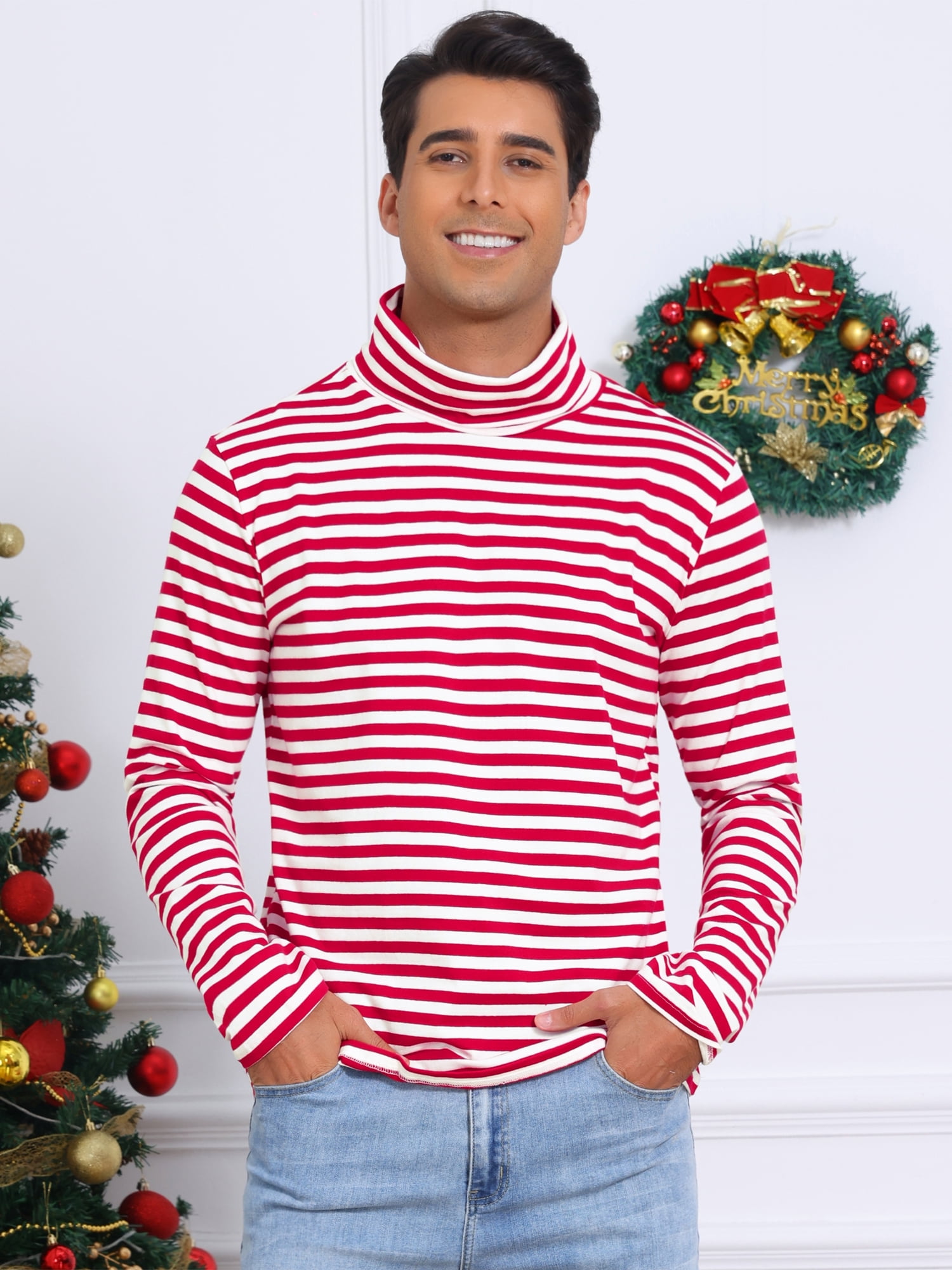 DARING DIVA Men's Striped Turtleneck Long Sleeves Pullover Stripes T-Shirt M Red White