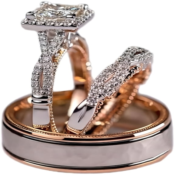DESIGNICE Engagement Rings for Couples Set, 3 Pc His and Her Wedding Ring Set, Hypoallergenic Rose Gold Ring Set, Cubic Zirconia Bride Promise Rings Set, Size 6-10